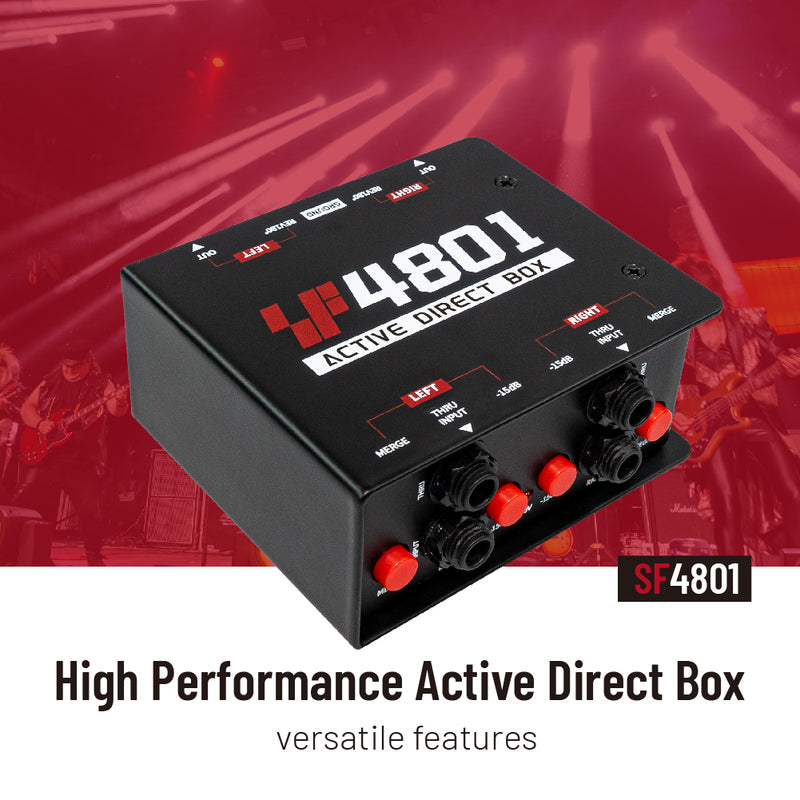 Simplefly Active Direct Box, Recording Signal DI Box for Musical Instruments as Guitar, Bass Guitar, and Keyboard Live Performance or Studio, 1/4" to XLR, Ground Lift 48V Phantom Powered Compact Unit