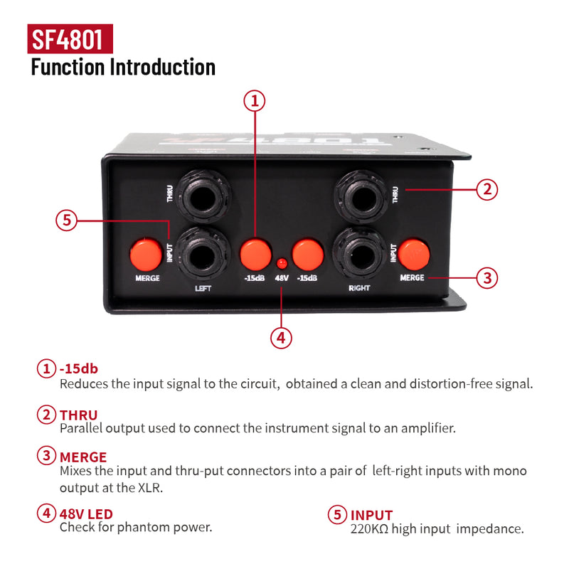 Simplefly Active Direct Box, Recording Signal DI Box for Musical Instruments as Guitar, Bass Guitar, and Keyboard Live Performance or Studio, 1/4" to XLR, Ground Lift 48V Phantom Powered Compact Unit