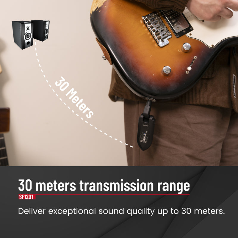 Simplefly Wireless Guitar System UHF Wireless Guitar Transmitter Receiver with 50 Channels Rechargeable Guitar Wireless for Electronic Instrument Guitar Amp Digital Electric Bass Guitar Accessories SF1201